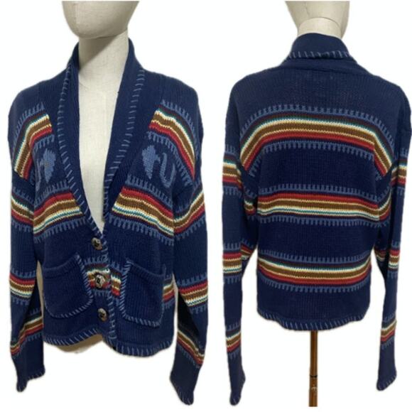 VTG CAPEZIO RAINBOW HORSE SWEATER STRIPED equestrian western rodeo CARDIGAN L - Picture 1 of 14